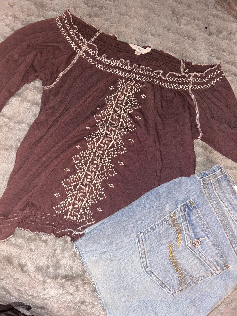 Energie Off-Shoulder Embroidered Sweater Top - Brown with Cream Stitching